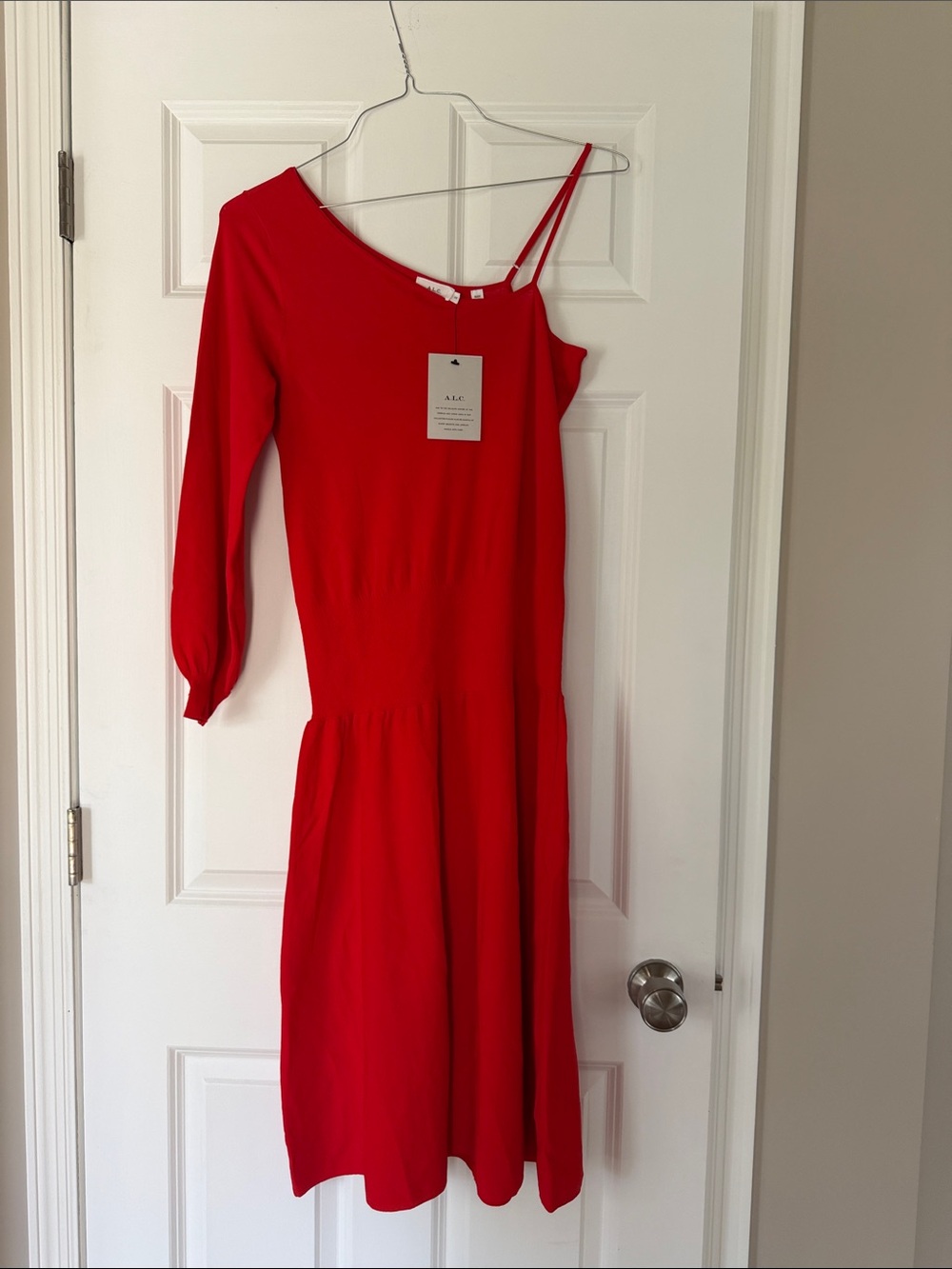 A.L.C. One-Shoulder Red Midi Dress with Asymmetric Sleeve